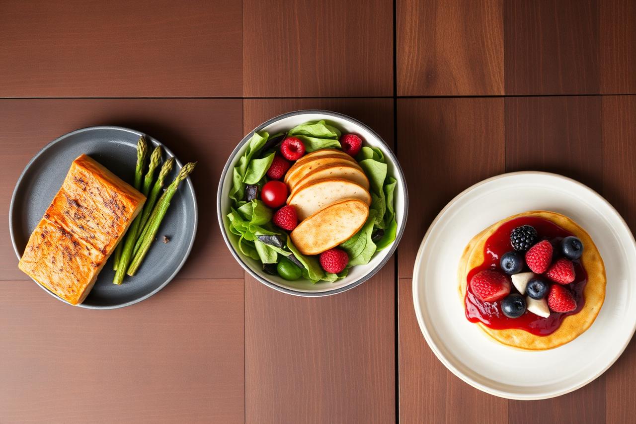 Três receitas fitness do app: salmão com aspargos, bowl de frango com salada e panqueca proteica com frutas